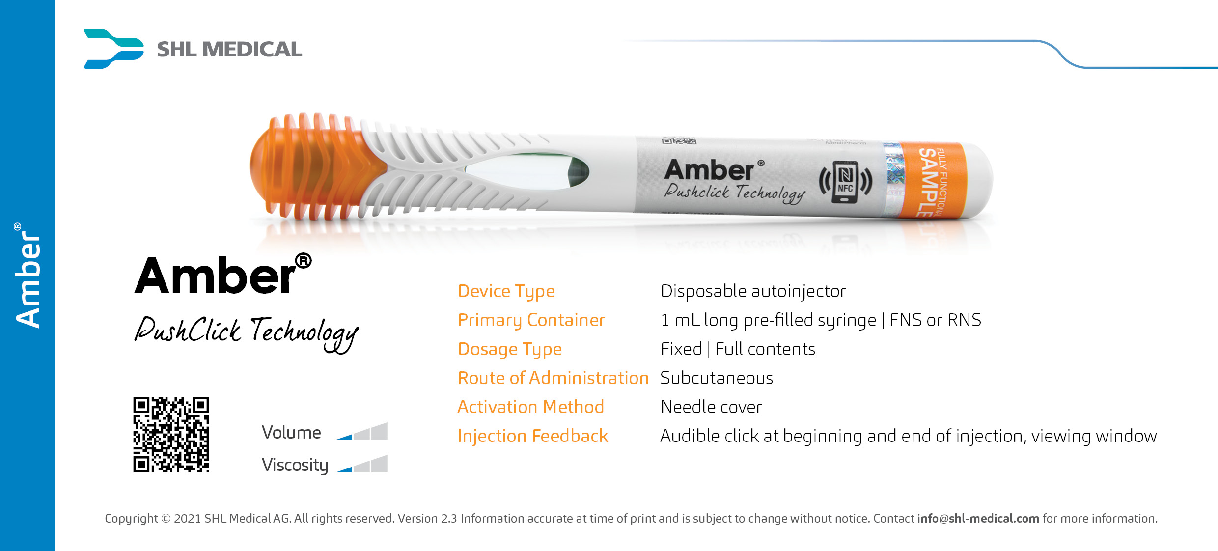 Image of standard Amber autoinjector developed by SHL Medical along with its specifications and handling instruction