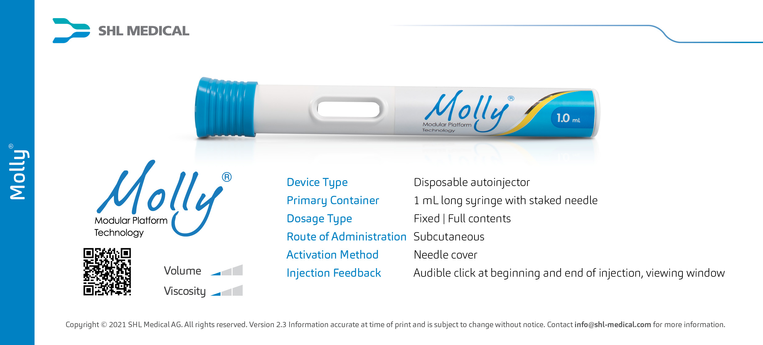 Image of standard Molly 1.0 autoinjector developed by SHL Medical along with its specifications and handling instruction