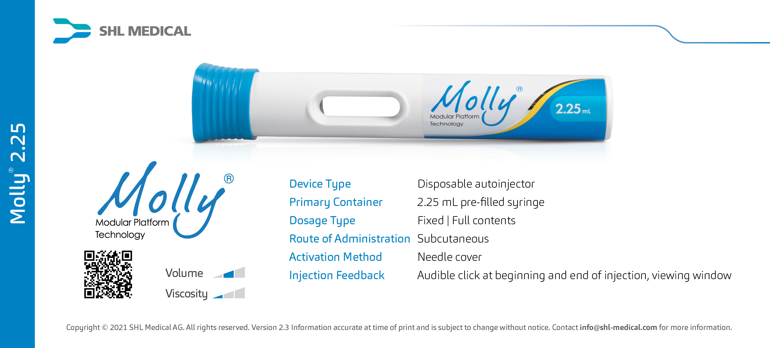 Image of standard Molly 2.25 autoinjector developed by SHL Medical along with its specifications and handling instruction