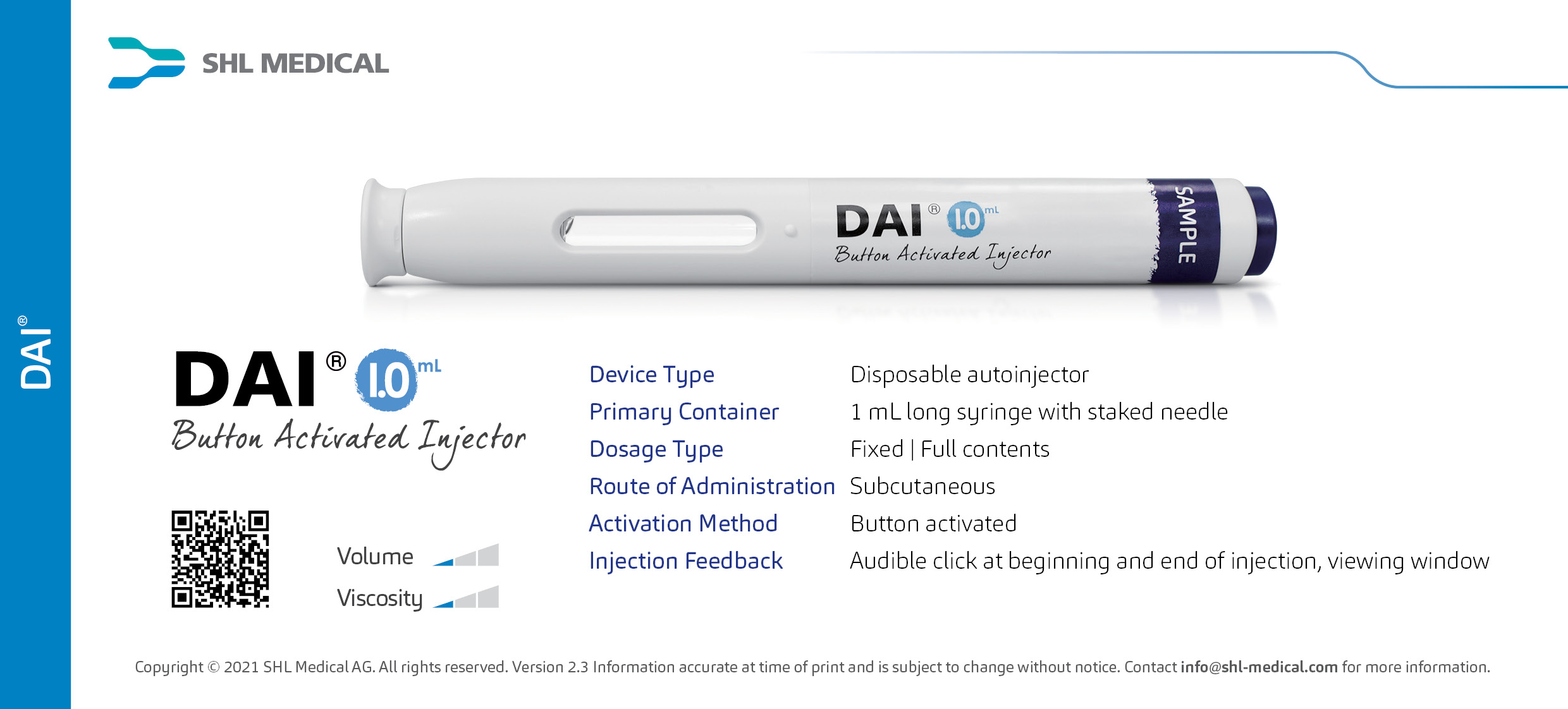 Image of standard DAI autoinjector developed by SHL Medical along with its specifications and handling instruction