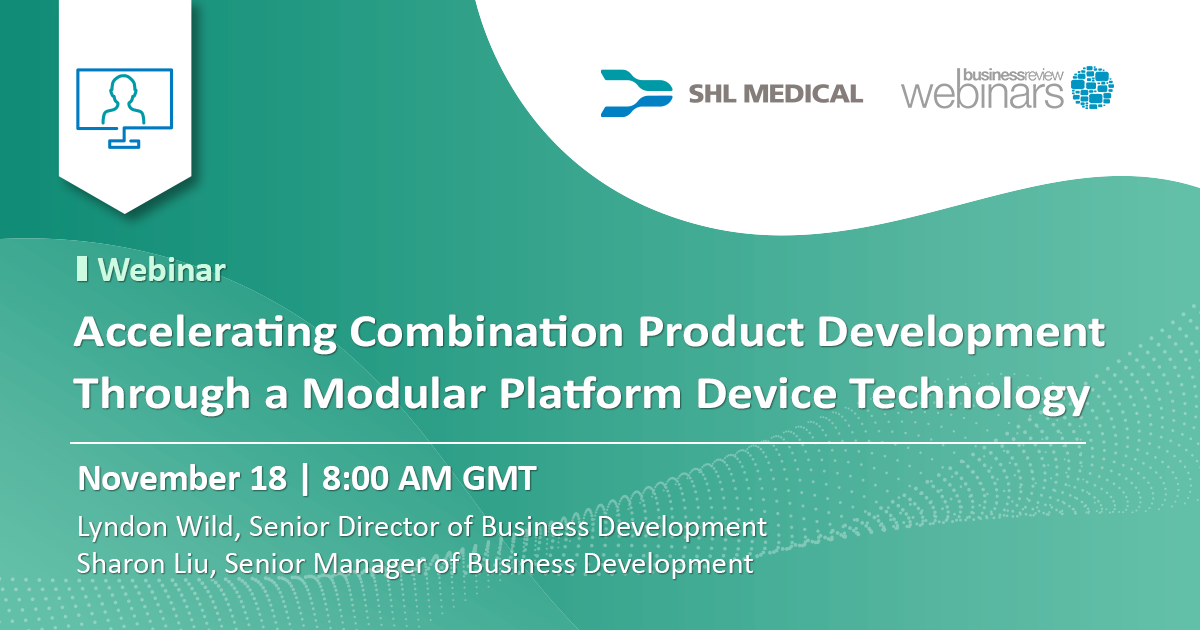 Banner of an article titled “Webinar: Accelerating Combination Product Through a Modular Platform Device Technology” by SHL Medical