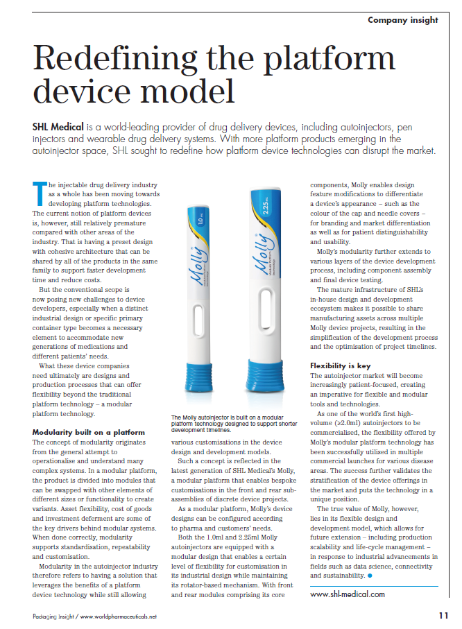 Cover image of an article by SHL Medical on World Pharmaceutical Frontier Packaging Insight titled "Redefining the platform device model" featuring Molly and Molly 2.25 autoinjectors.