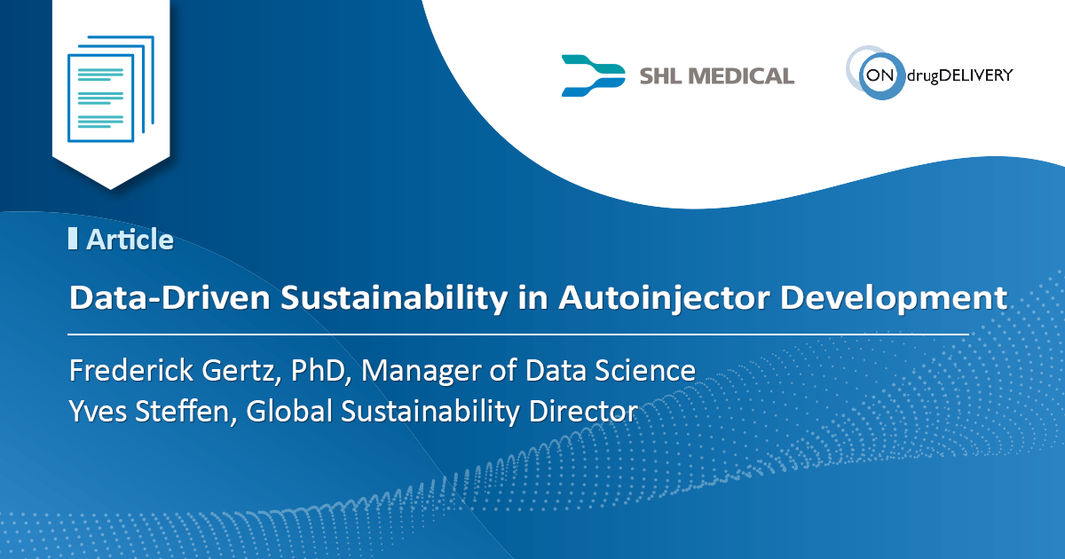 Social media banner for an SHL Medical article titled Data-Driven Sustainability in Autoinjector Development