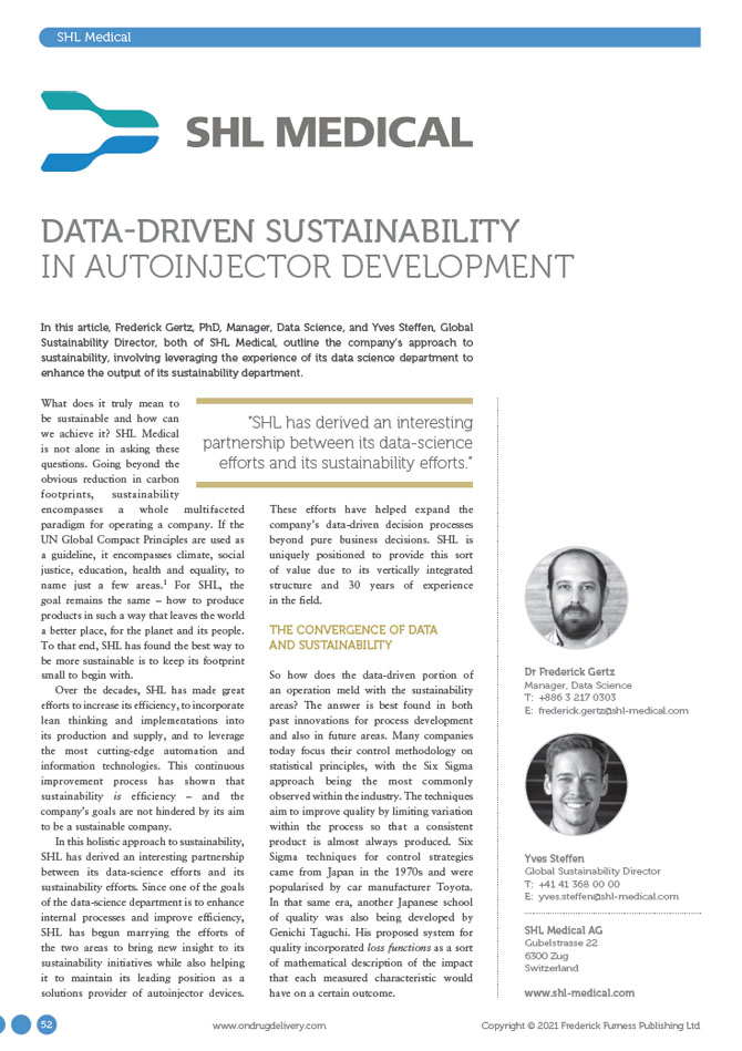 Cover image of SHL Medical's November article in 2021 Sustainability issue of OnDrugDelivery magazine's titled "Data-Driven Sustainability in Autoinjector development"