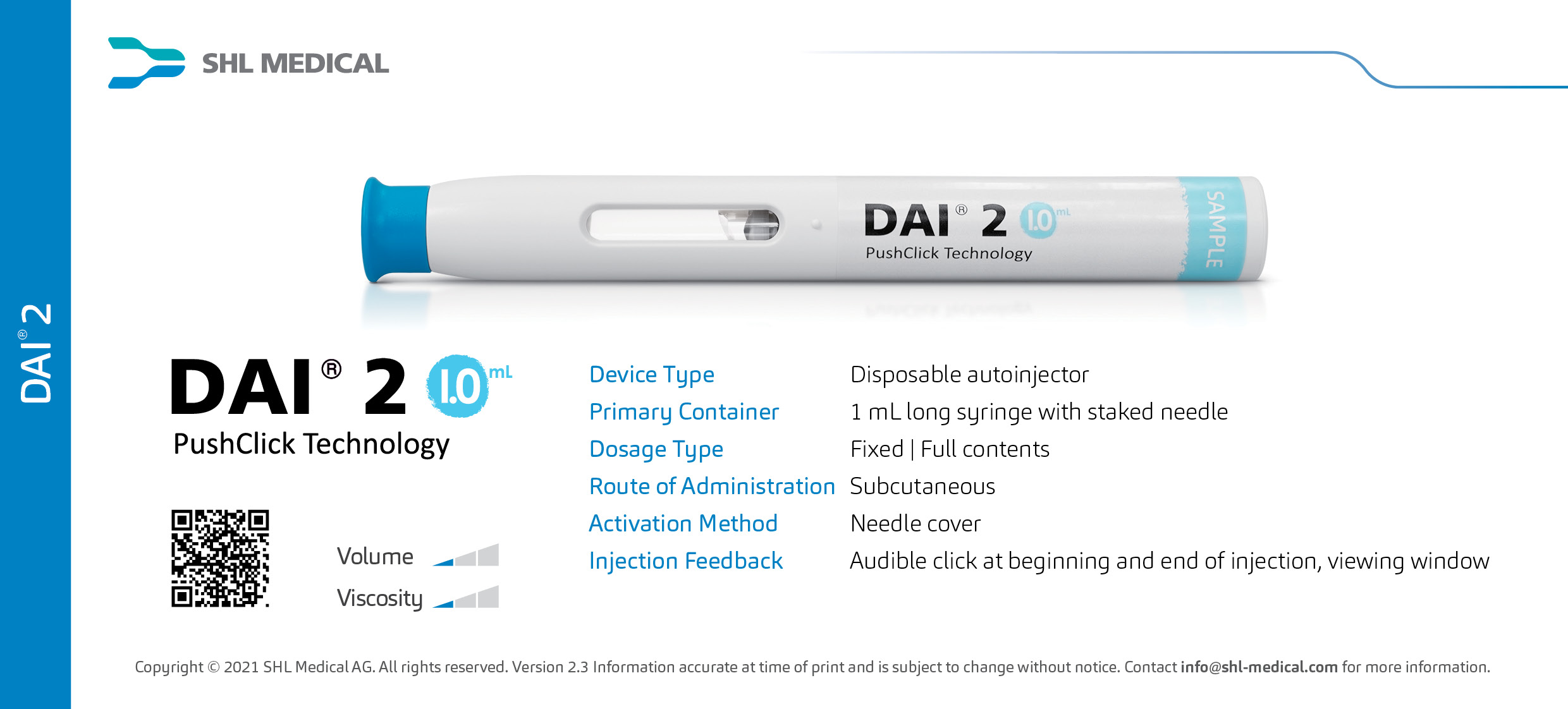 Product card of DAI® 2 two-step, single dose autoinjector with 1 mL fill volume developed by SHL Medical featuring its device specifications and handling instructions