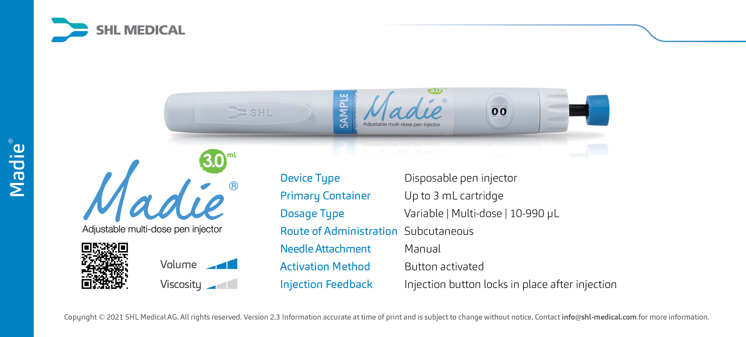 Product card of Madie® button activated pen injector with up to 3 mL cartridge developed by SHL Medical featuring its device specifications and handling instructions
