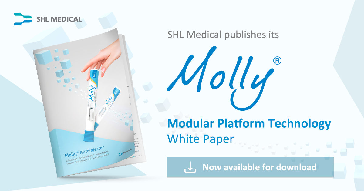 Announcement of White Paper publication on Molly modular platform autoinjector technology by SHL Medical featuring Molly and Molly 2.25 autoinjectors