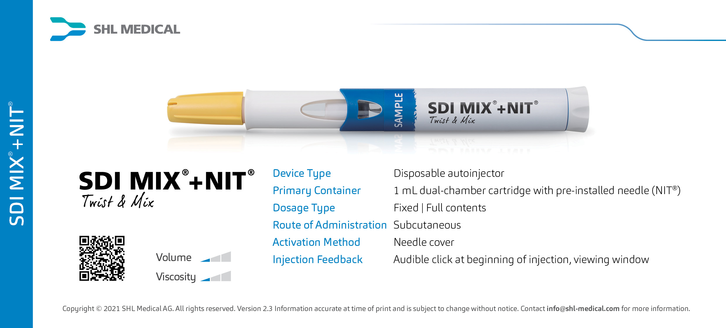Image of SDI MIX+NIT autoinjector developed by SHL Medical along with its specifications and handling instruction