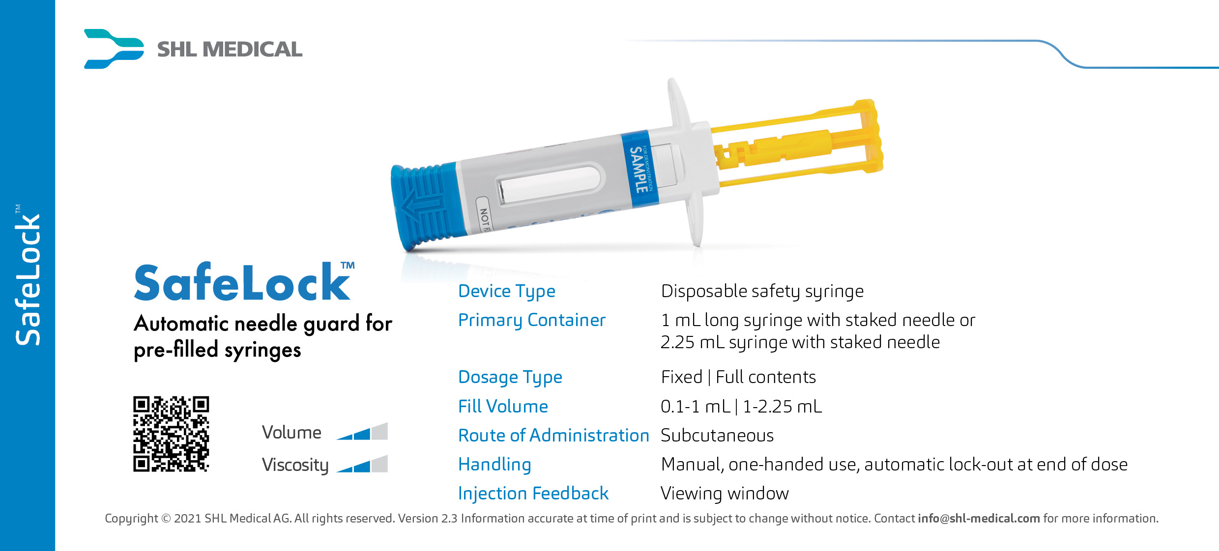 Product card of Safelock™ disposable safety syringe developed by SHL Medical featuring its device specifications and handling instructions