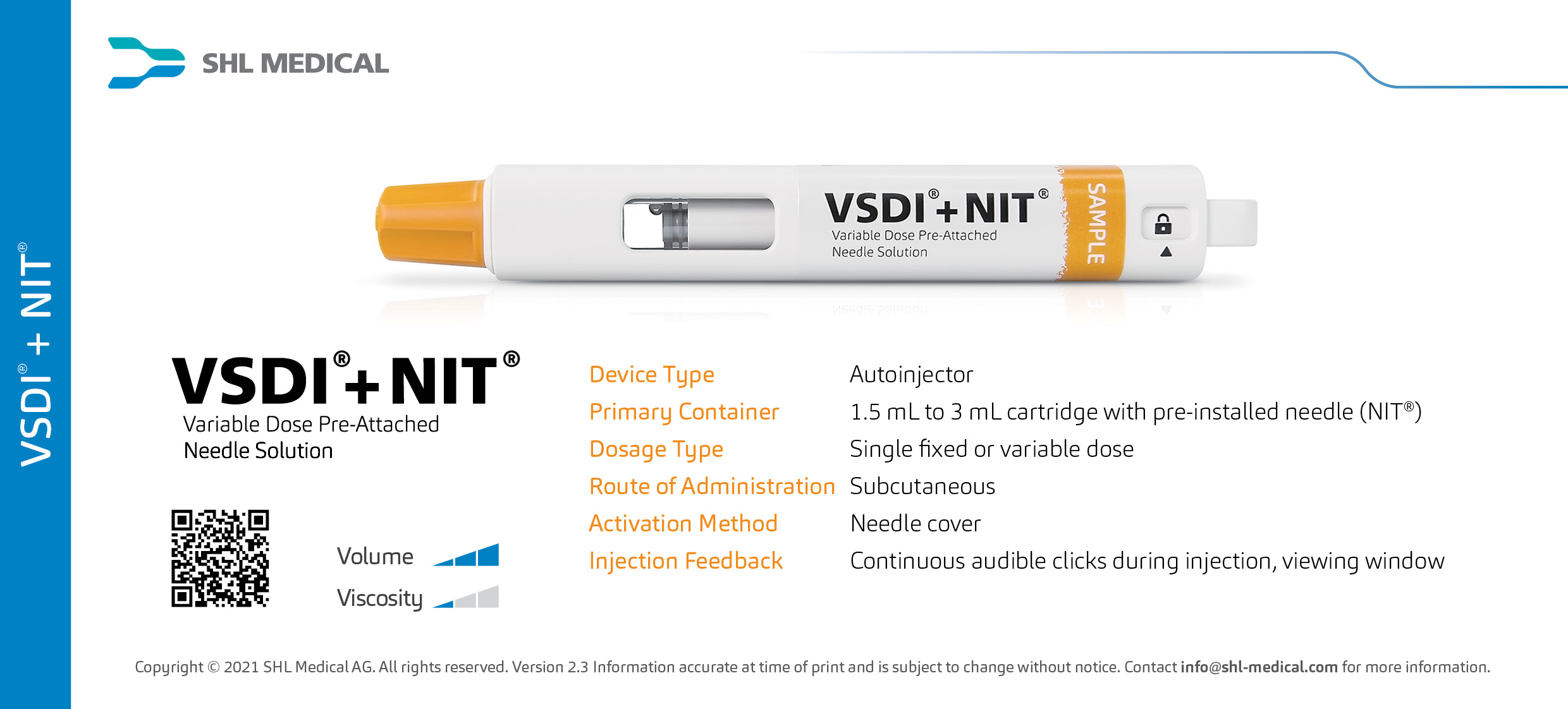 Product card of variable single dose VSDI® + NIT® cartridge-based autoinjector with pre-attached needle isolation technology (NIT) developed by SHL Medical featuring its device specifications and handling instructions