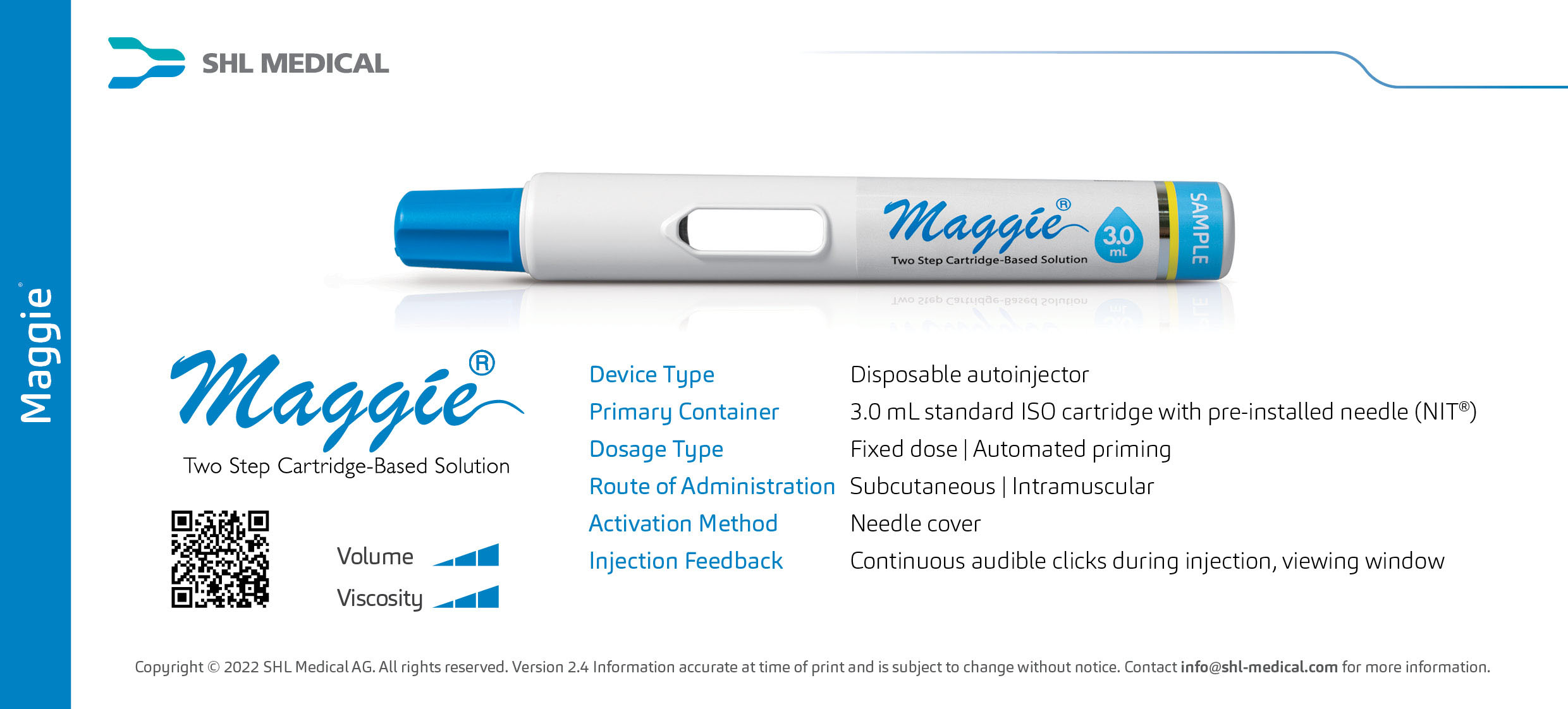 Product card of Maggie® cartridge-based autoinjector that accommodates up to 3 mL fill volumes built with SHL Medical’s Needle Isolation Technology (NIT®) featuring its device specifications and handling instructions