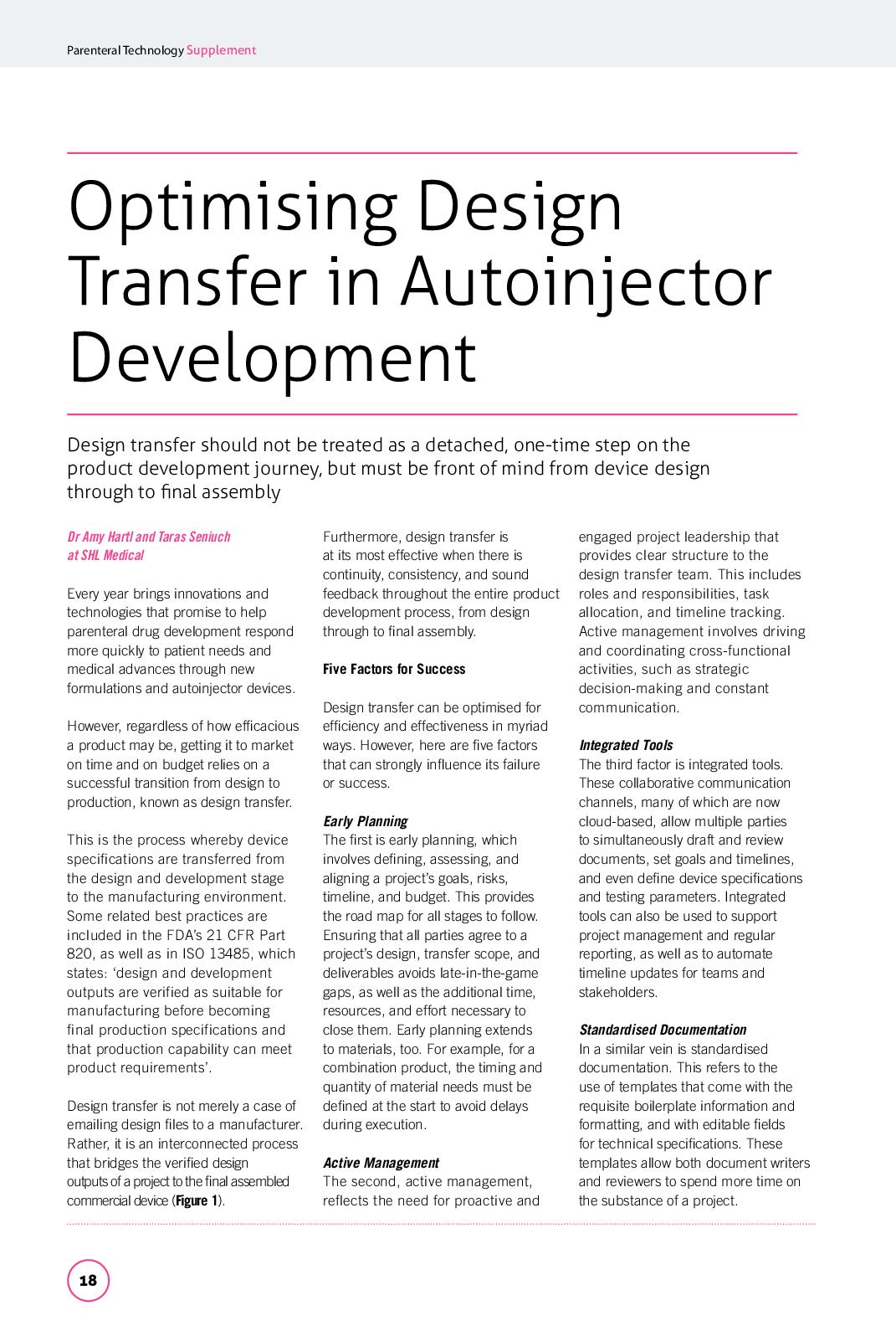 Article featuring SHL's Amy Hartl and Taras Seniuch titled "Optimising Design Transfer in Autoinjector Development"