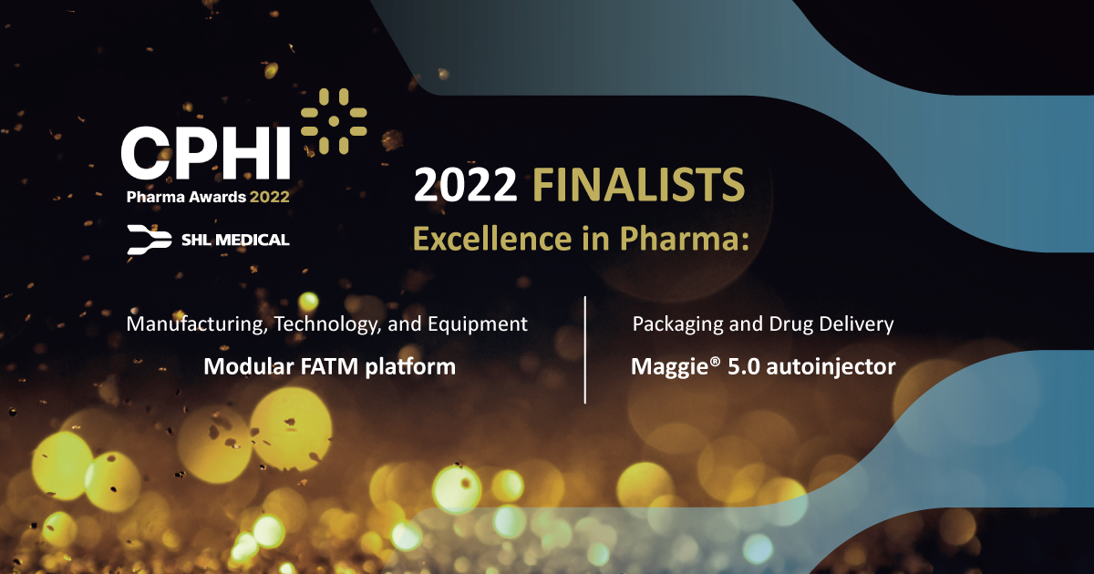 Banner of article by SHL Medical titled “SHL Medical shortlisted for the CPHI Pharma Awards 2022” featuring SHL’s modular Fully Automated Testing Machine platform and SHL’s Maggie 5.0® cartridge-based autoinjector