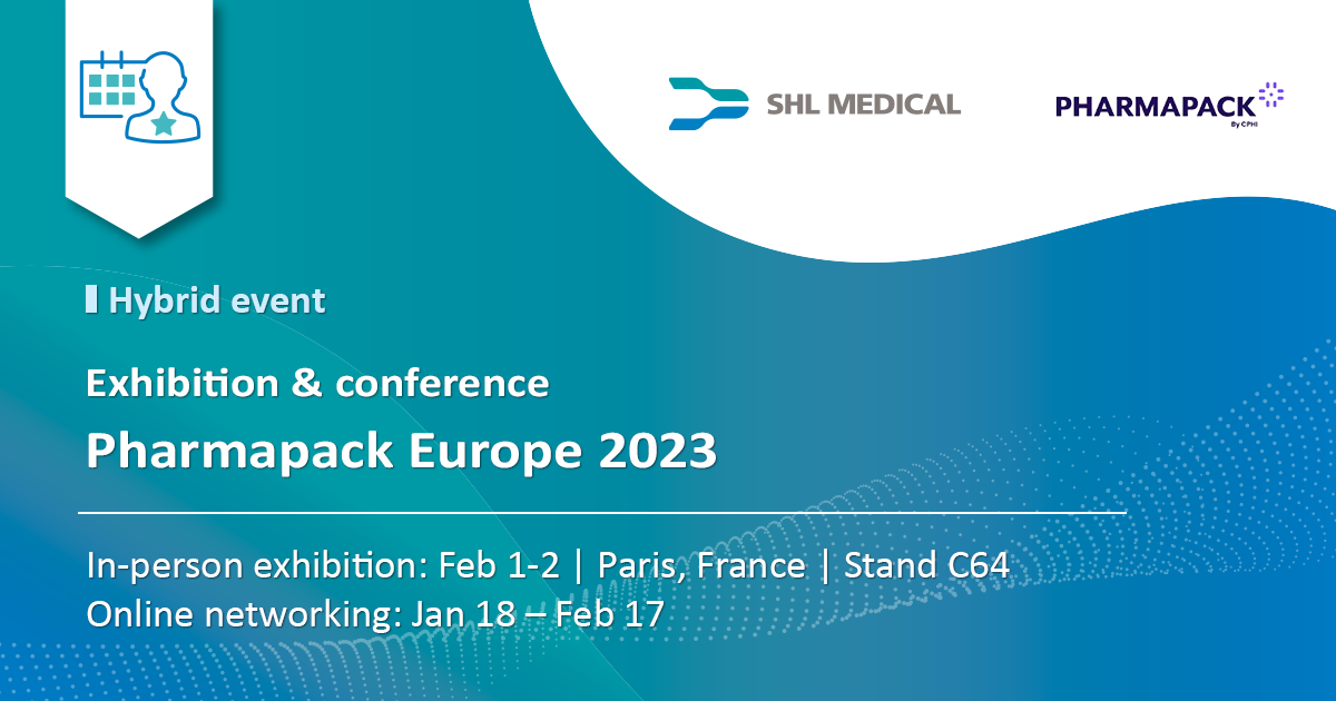 Standard SHL banner of an event announcement article titled ‘SHL Medical returns to Pharmapack Europe 2023’