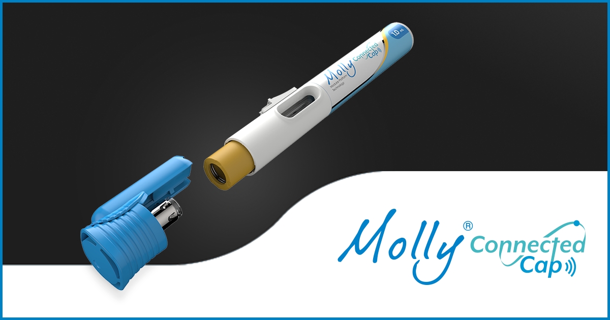 The image of SHL Medical's Molly Connected Cap autoinjector featuring BLE beacon technology for retrofitting connectivity to new and existing autoinjectors.